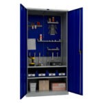 Metal cabinet for tools 1900x950x500 mm, with two shelves and perforated sheet metal plate