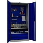 Metal cabinet for tools 1900x950x500 mm, with two shelves, two drawers and perforated sheet, PR042020